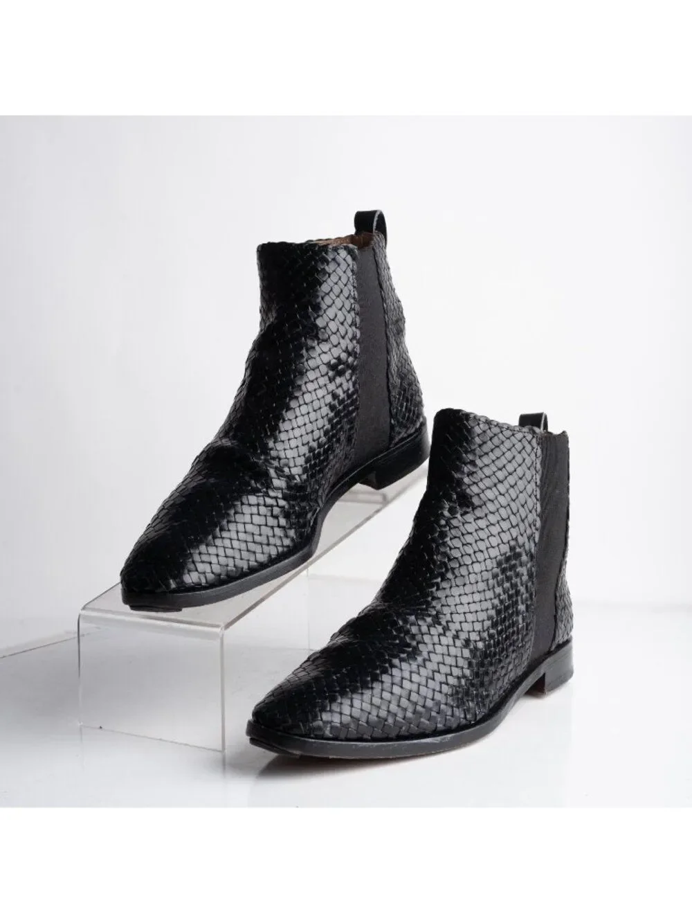 Charles Jourdan Vintage Ankle boots Mens Leather Woven Black Braided US 8 EU 42